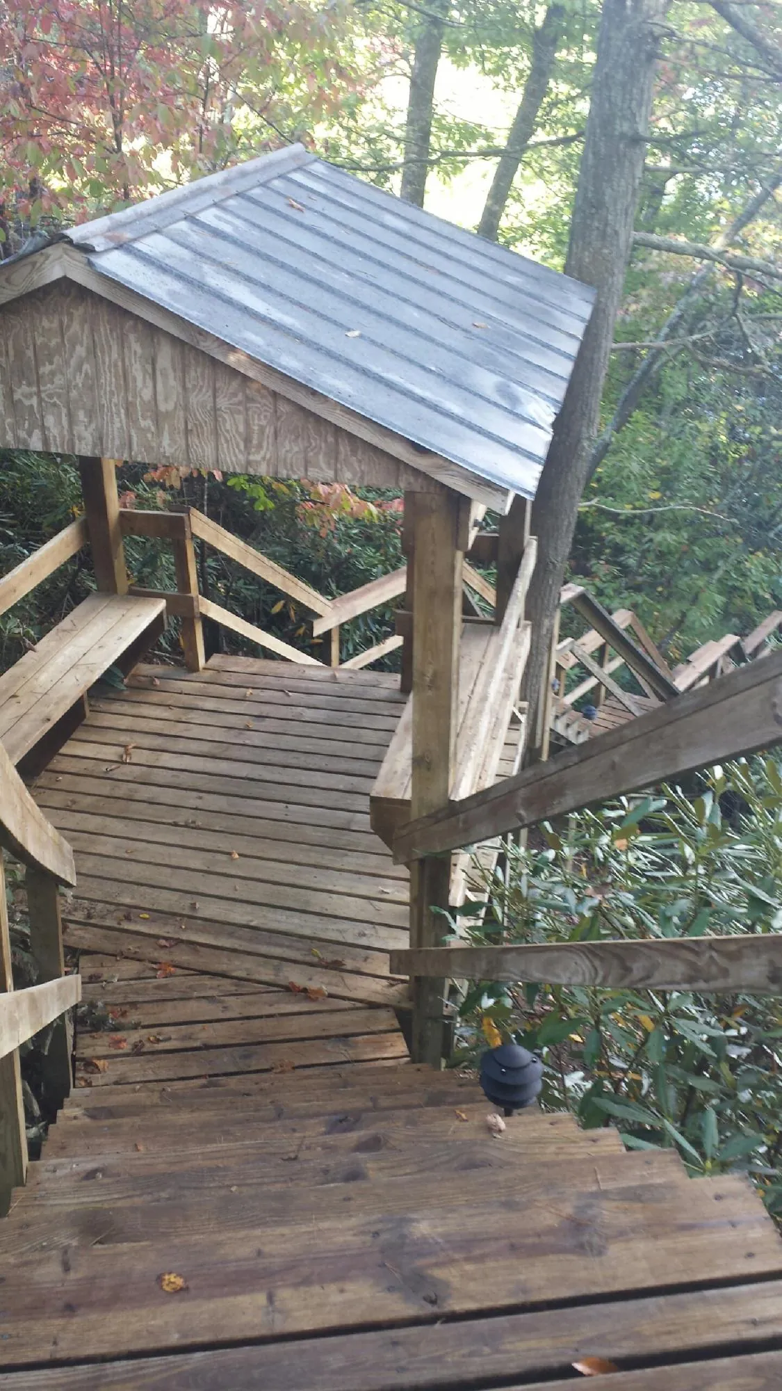 Metal roofed shelter over wooden steps on a wooded walkway — Skylight Repair & Installation work by our crew in Tendoy